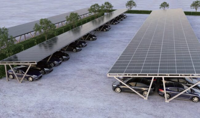 Carport mit Solarmodulen für große Parkplätze